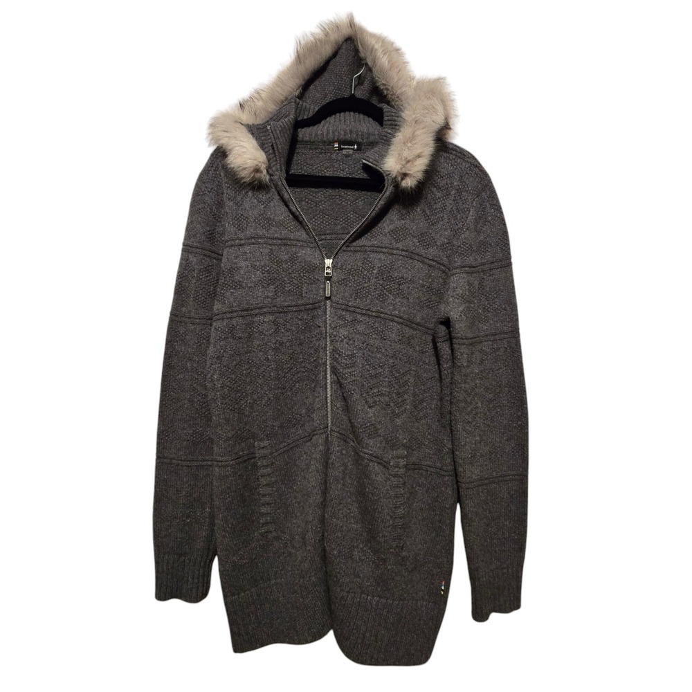 Smartwool Merino Wool Sweater Cardigan Women MED Zip Hood Faux Fur Winter Jacket